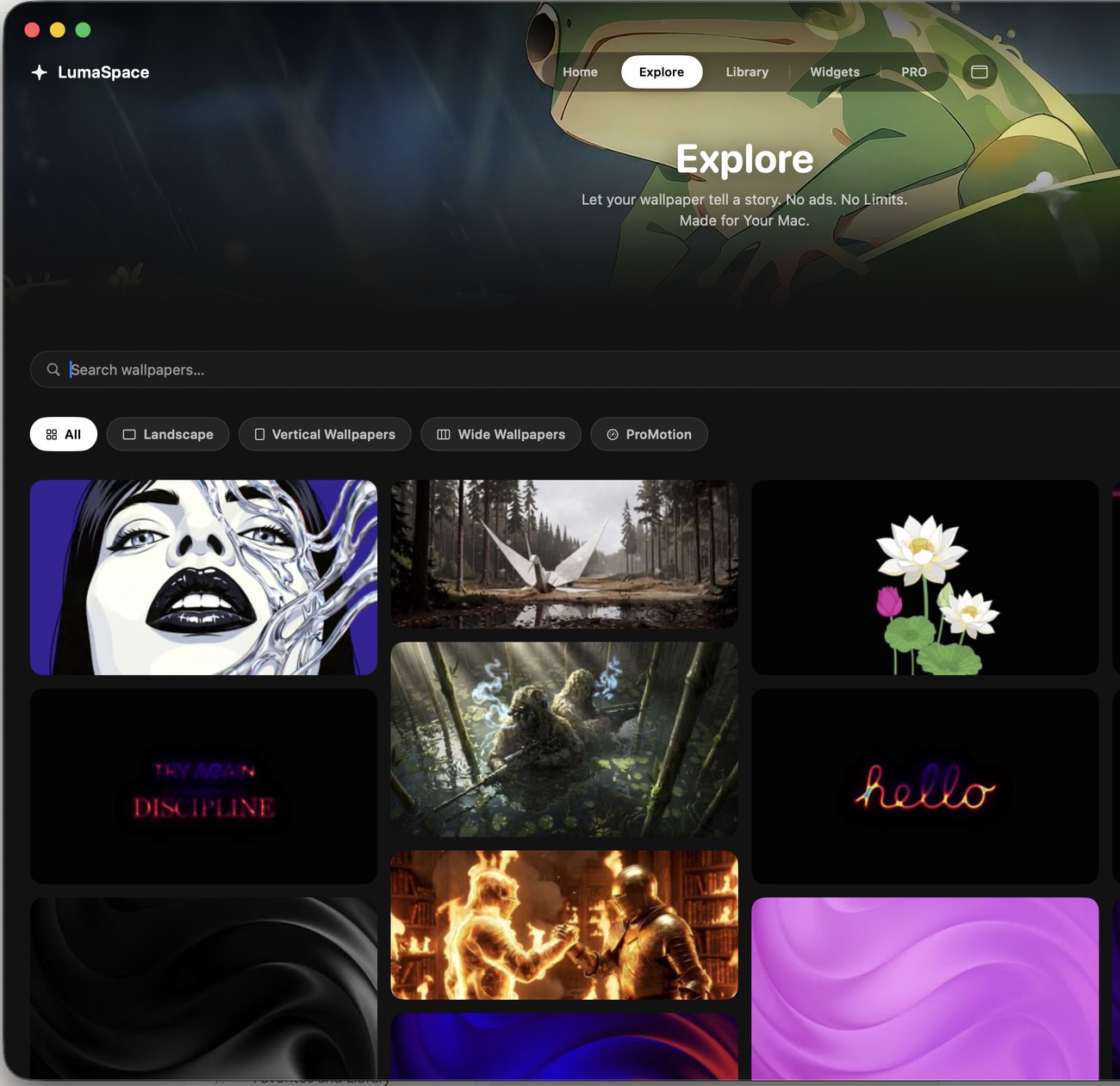 The Explore tab with the search bar and tag filters