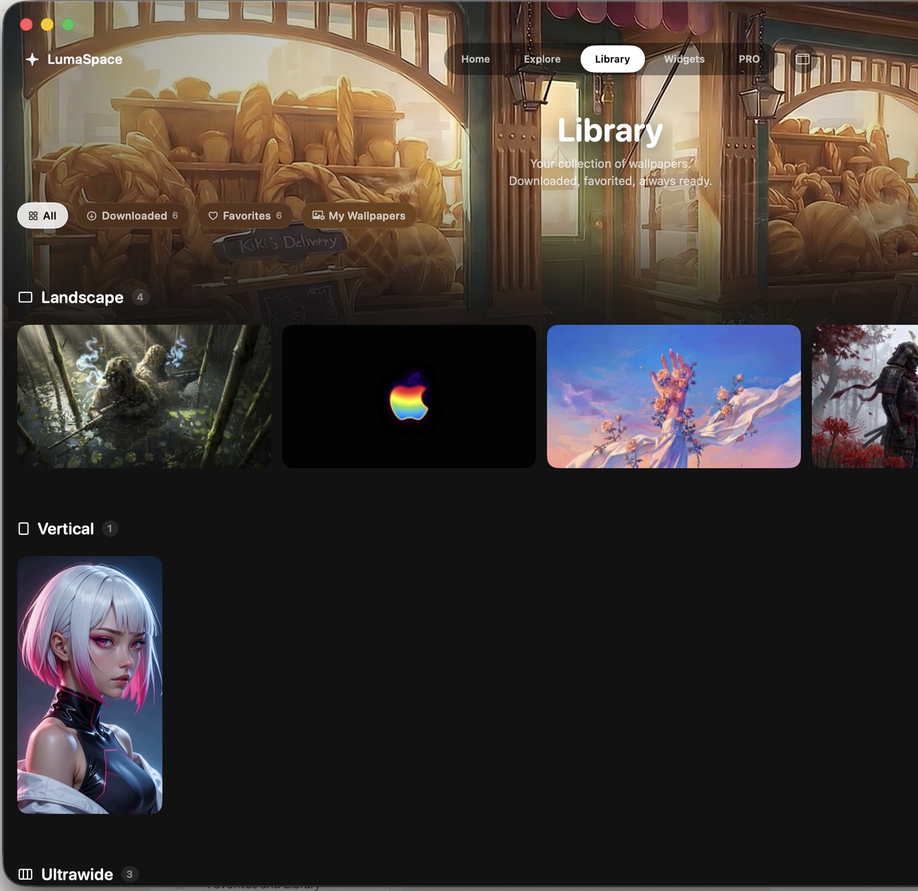 The Library tab with downloaded and favorited wallpapers