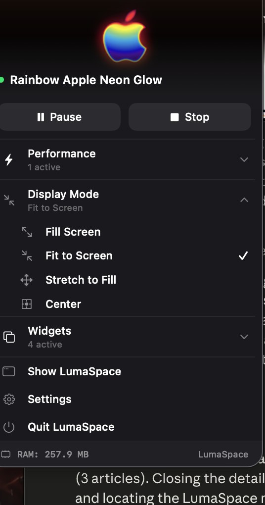 The Display Mode menu with Fill Screen and other options