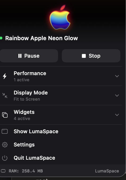 The LumaSpace menu bar quick-controls panel