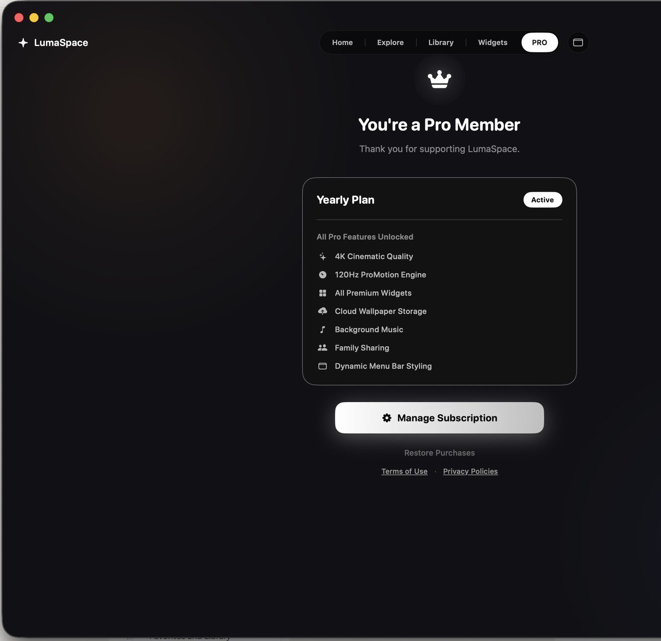 The Pro tab showing the unlocked Pro features