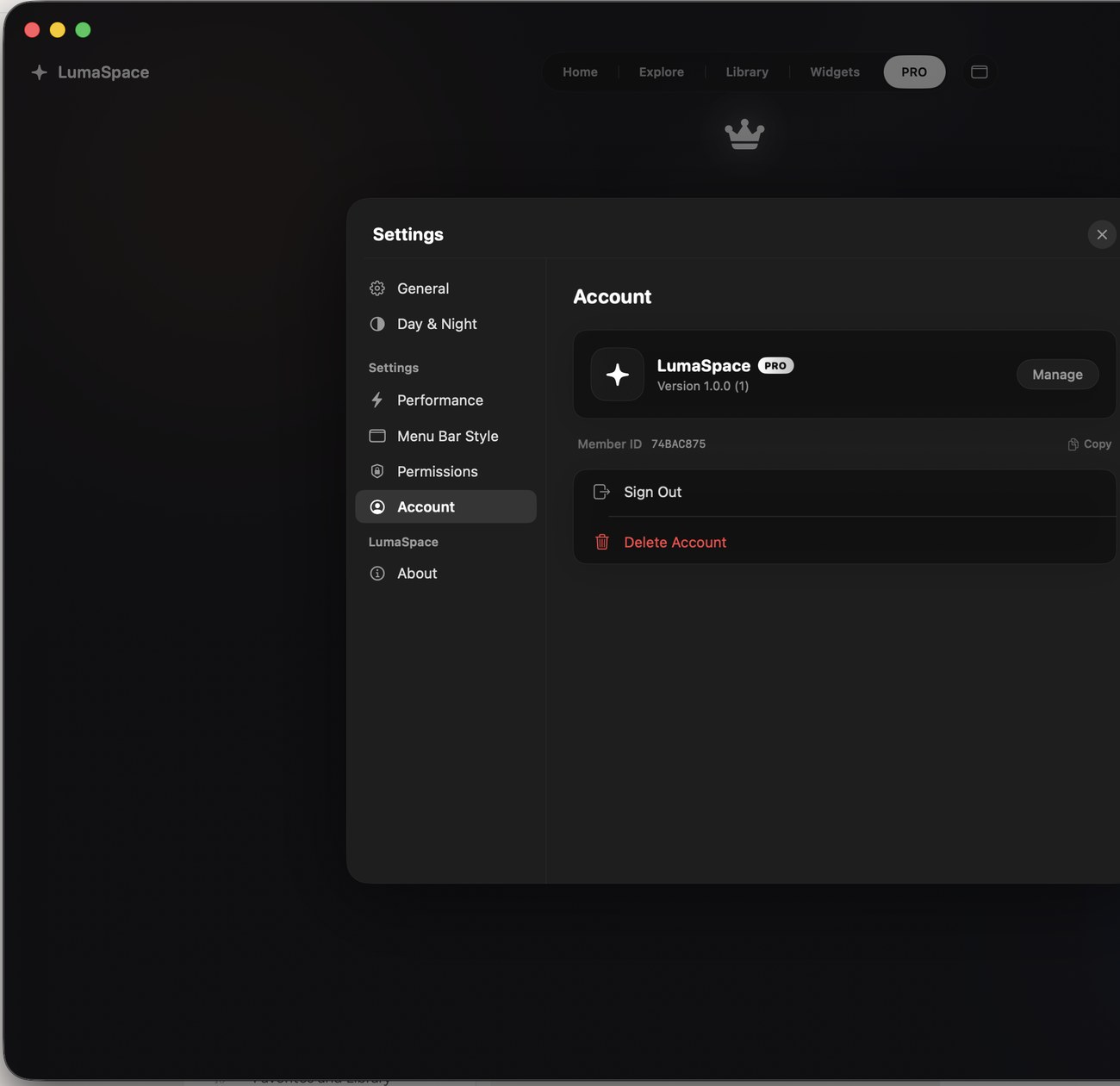 The Settings Account screen with the Delete Account option