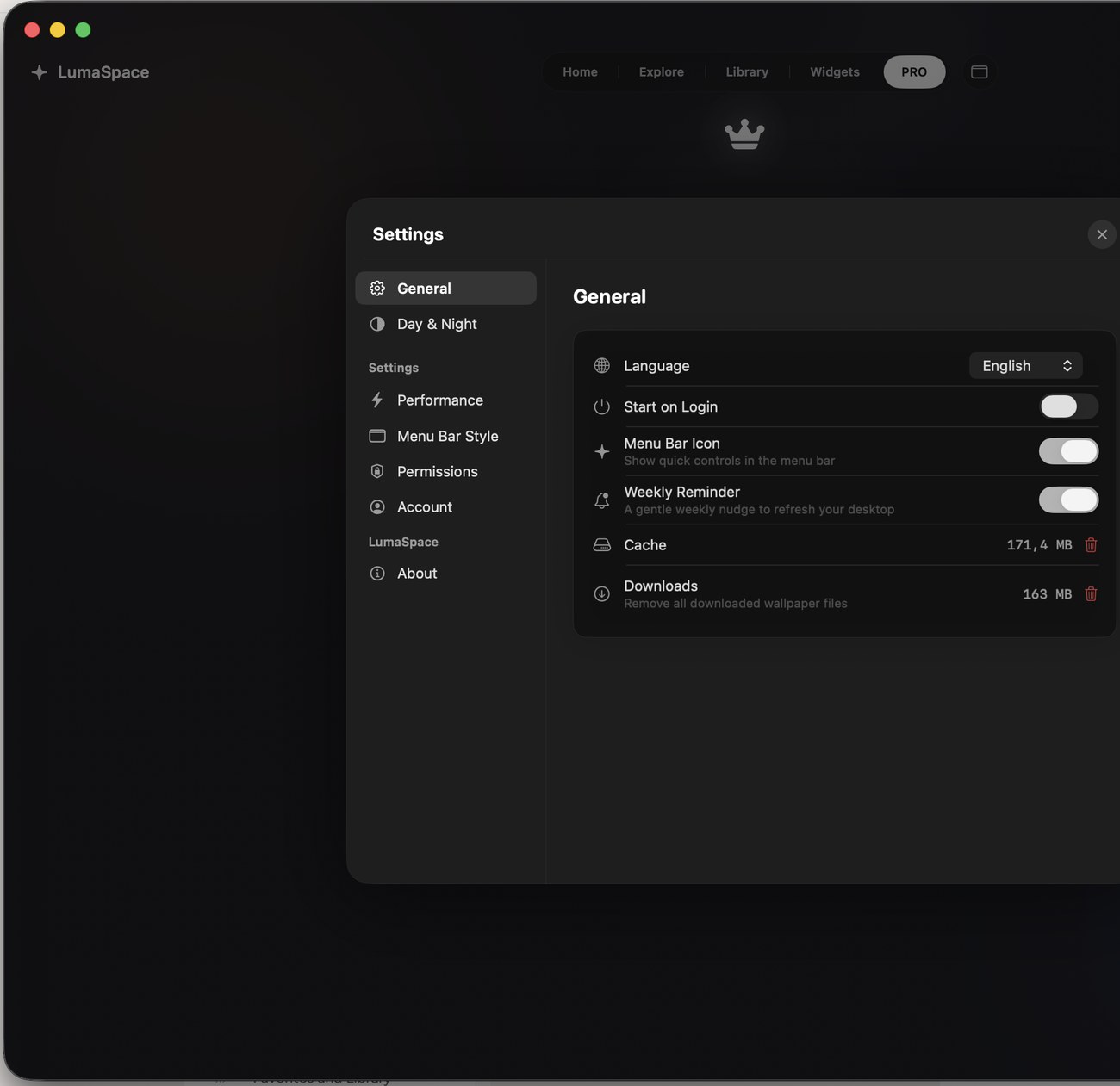 Settings with the Start on Login toggle