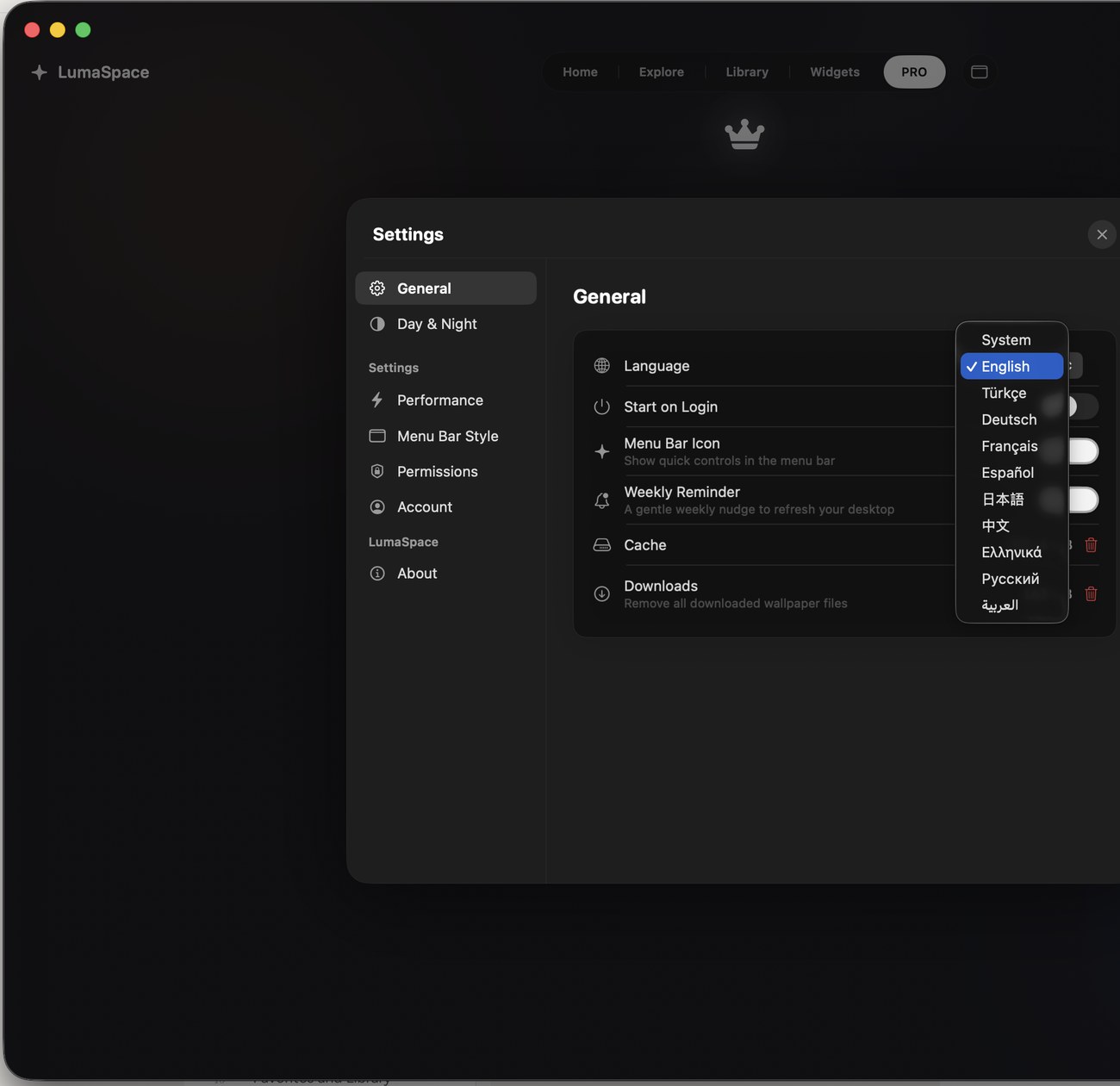 The Language picker showing English, Turkce and more